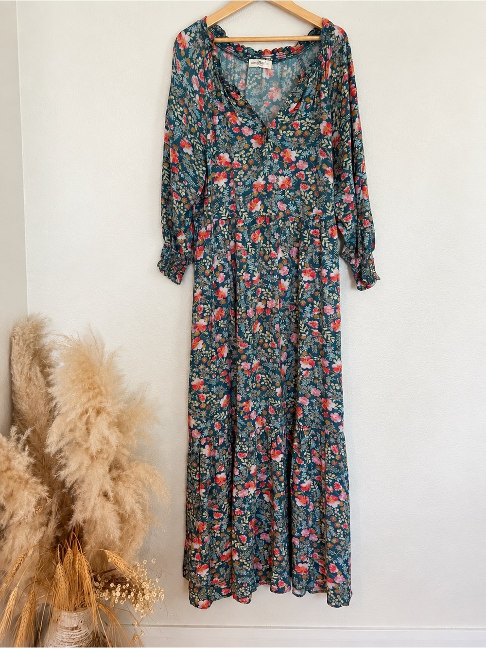 Natural Life Rebecca Floral Maxi Dress S Teal Boho Cottagecore